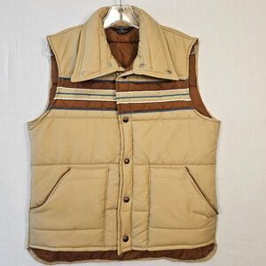 Vintage David Peyser Puffer Vest Mens Small Tan Brown Striped 70s Made in USA